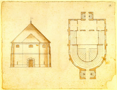 Yellowed architectural drawings of Jacobean indoor theater.